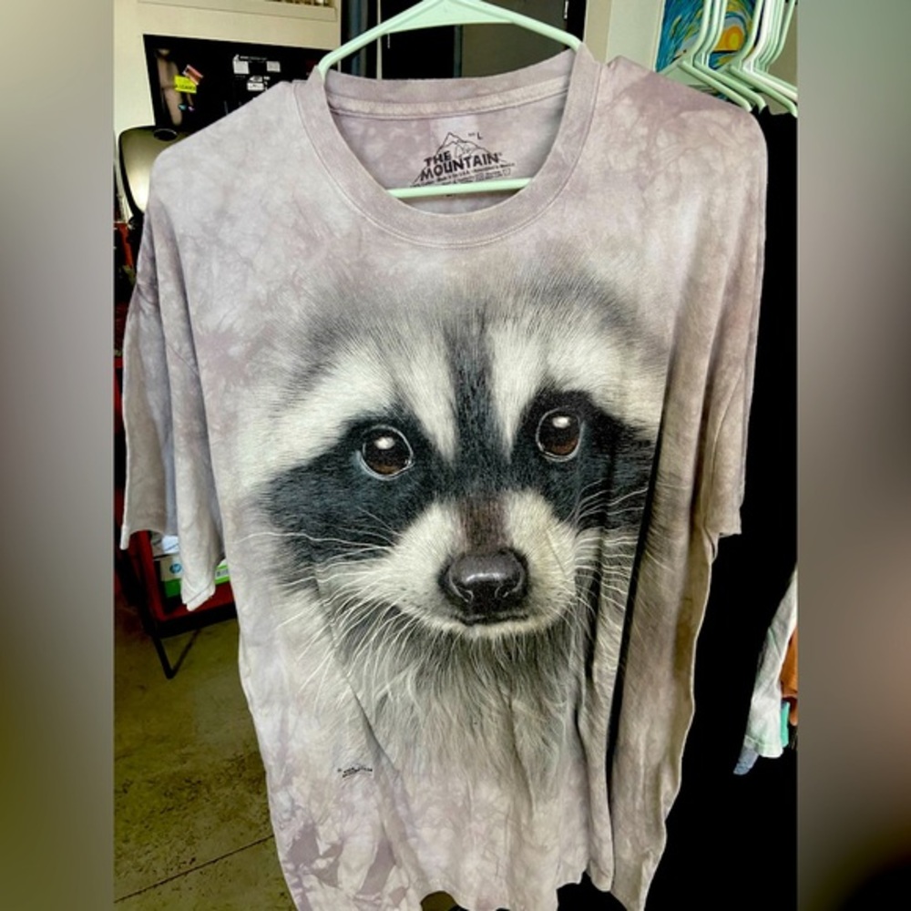 Mens grey tie dye t shirt raccoon face sz: L The Mountain